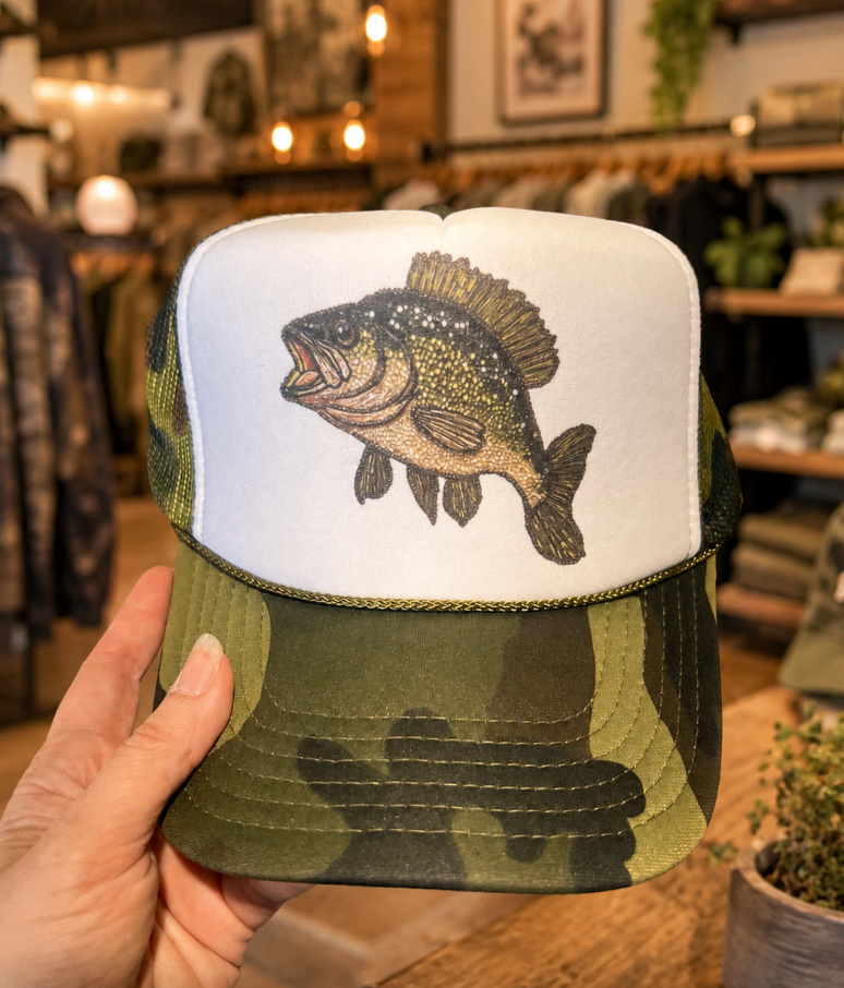 Faux Rhinestone Bass Fishing Otto Camo Trucker Cap