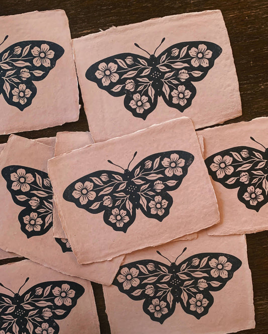 5.5x8.25 Floral Butterfly Block Print on Rose Handmade Paper