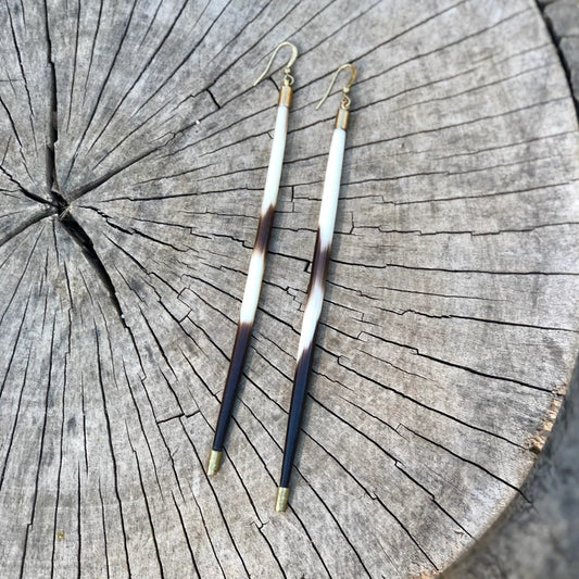 Porcupine Quill Earrings - Long, Black/Brown & Ivory, Brass
