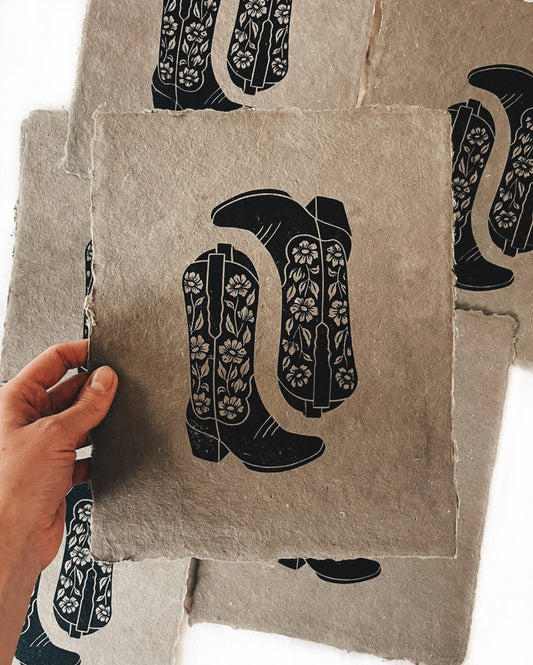 8x10 Cowboy Boots Floral Block Print on Handmade Paper