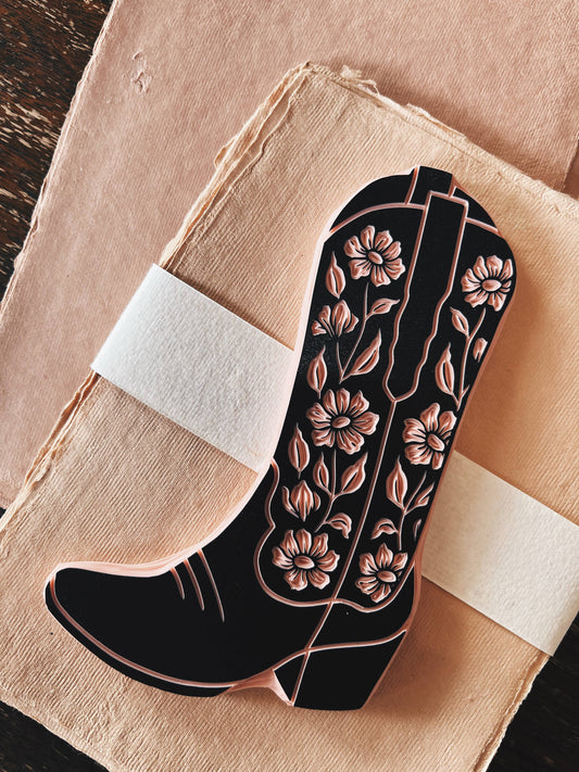 Western Floral Cowboy Boot Block Print on Handmade Paper