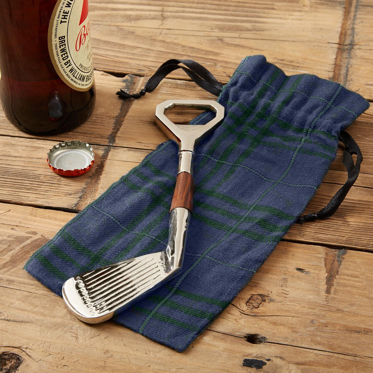 Golf Club Bottle Opener in Plaid Gift Pouch - Brass/Mango Wood