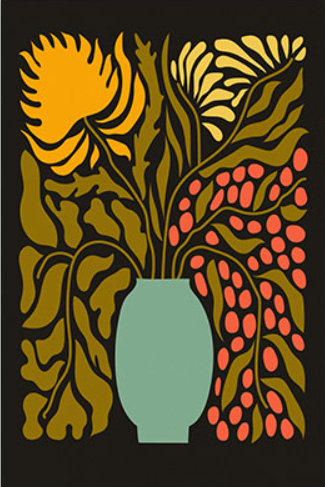 Abstract Teal Vase w/ Botanicals Artwork
