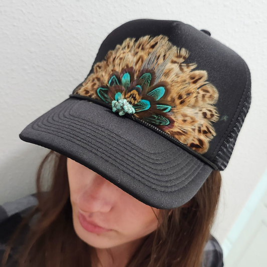 Western Feather Trucker Hat-Black