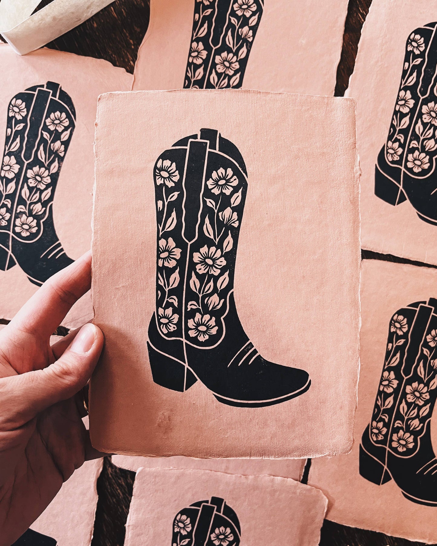 Western Floral Cowboy Boot Block Print on Handmade Paper