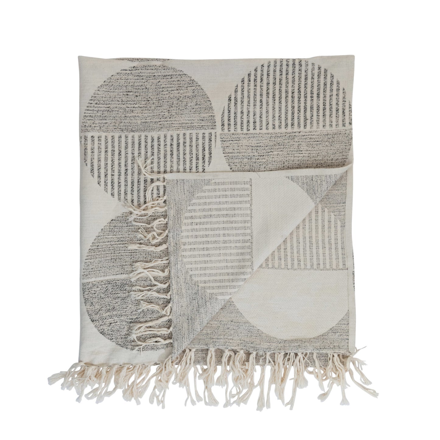 Woven Cotton Jacquard Throw w/ Circles & Fringe