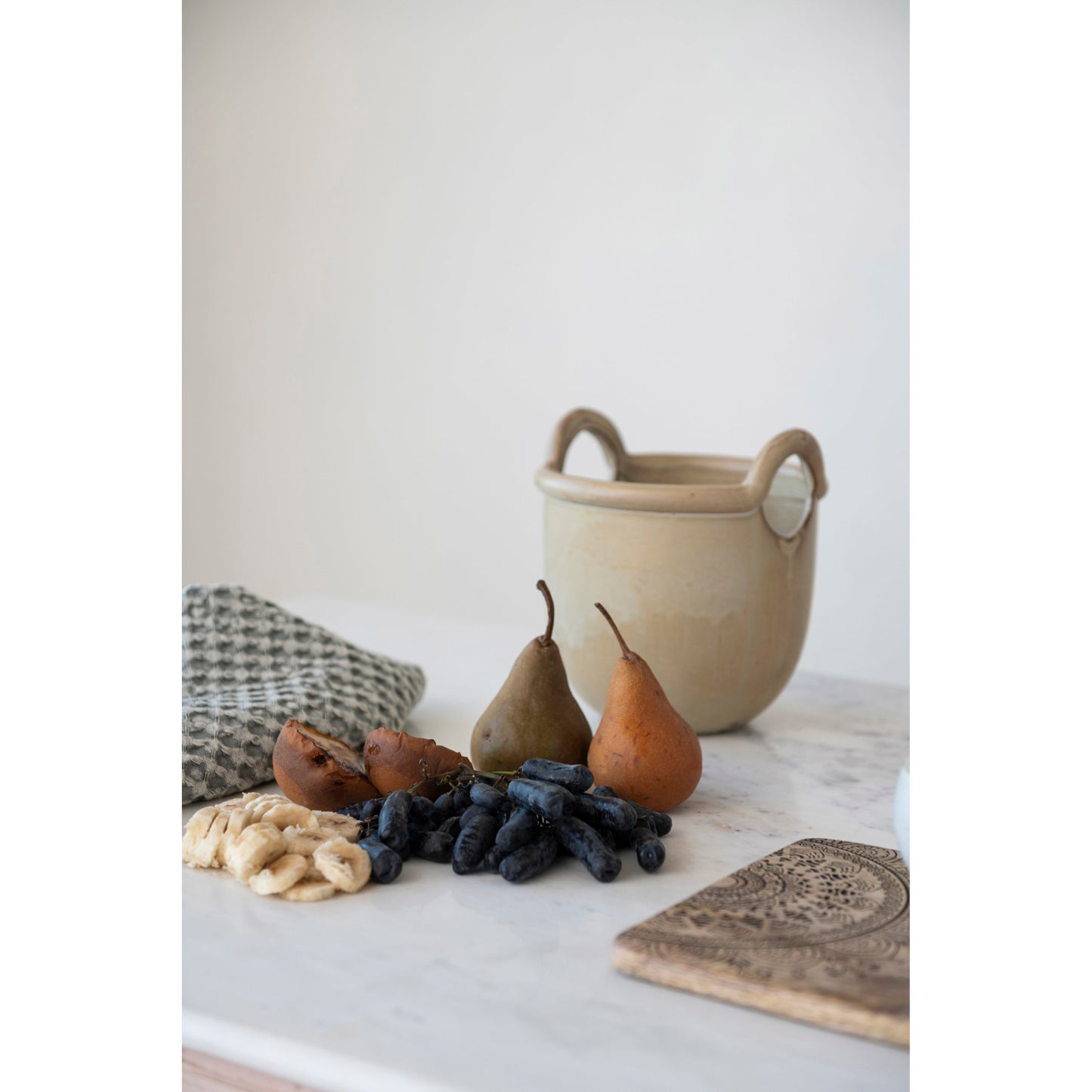 Stoneware Crock w/ Handles, Reactive Glaze, Tan Color (Each One Will Vary)