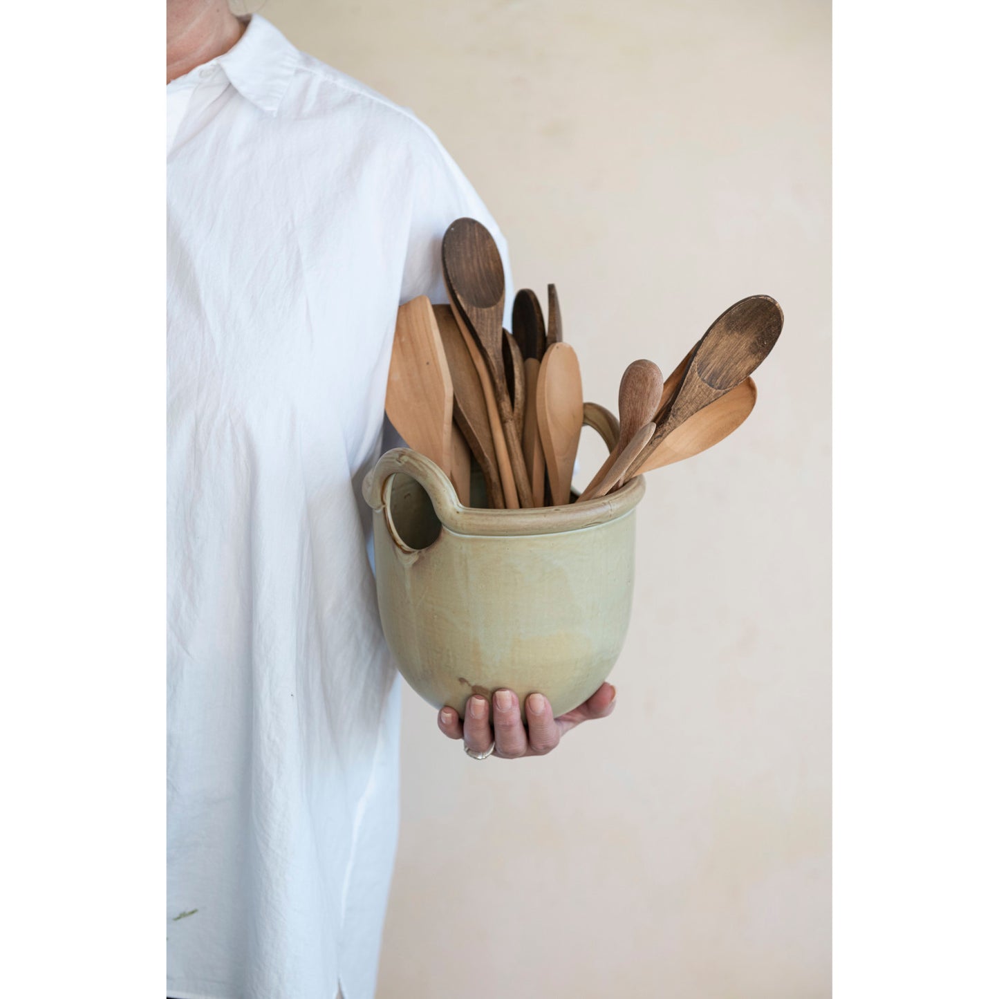 Stoneware Crock w/ Handles, Reactive Glaze, Tan Color (Each One Will Vary)