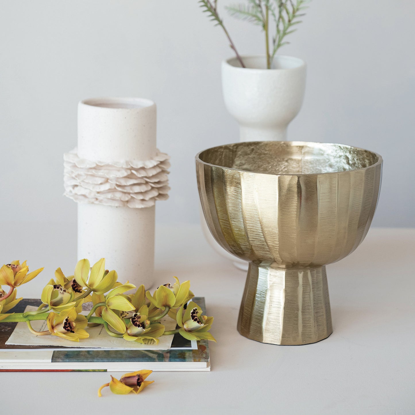 Cast Aluminum Creased Footed Planter, Gold Finish