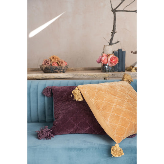 20" Quilted Cotton Velvet Pillow with Tassels, Plum