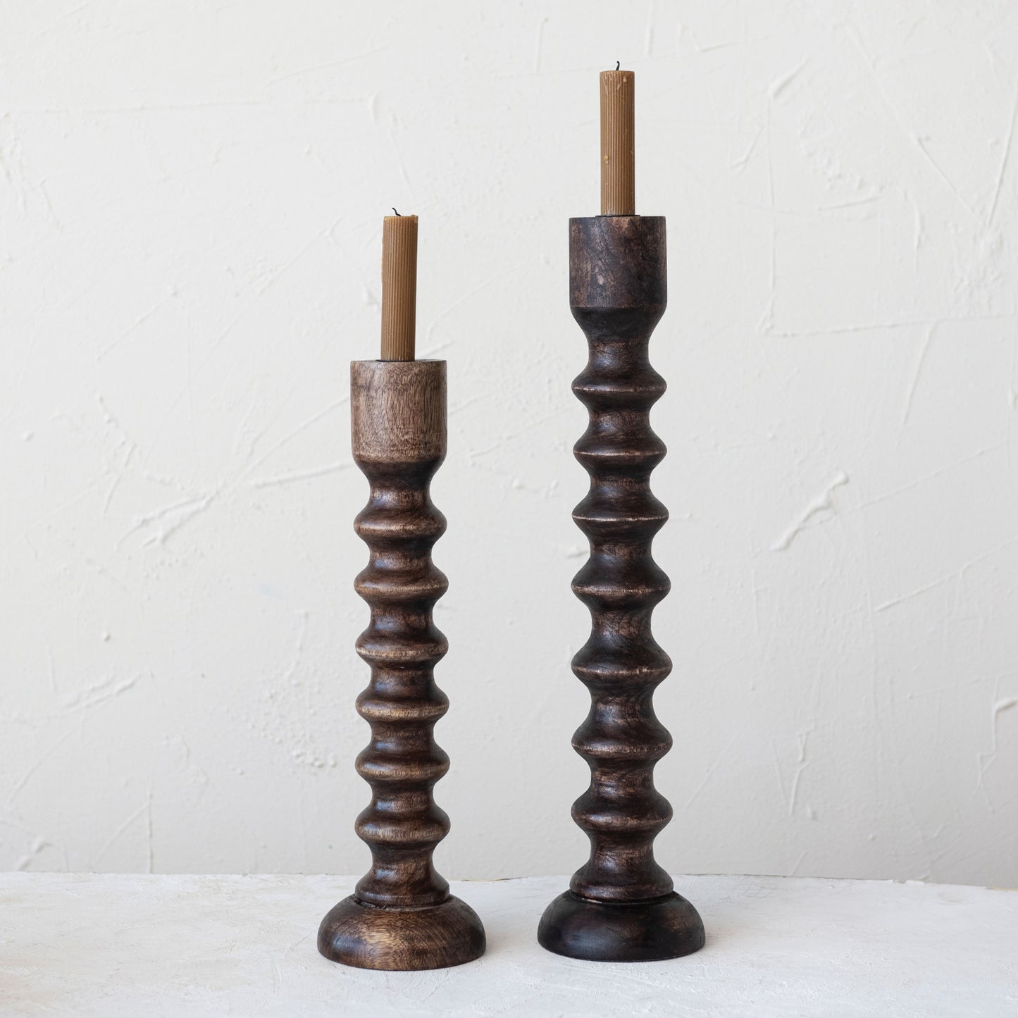 Hand-Carved Mango Wood Taper Holder, Walnut Finish