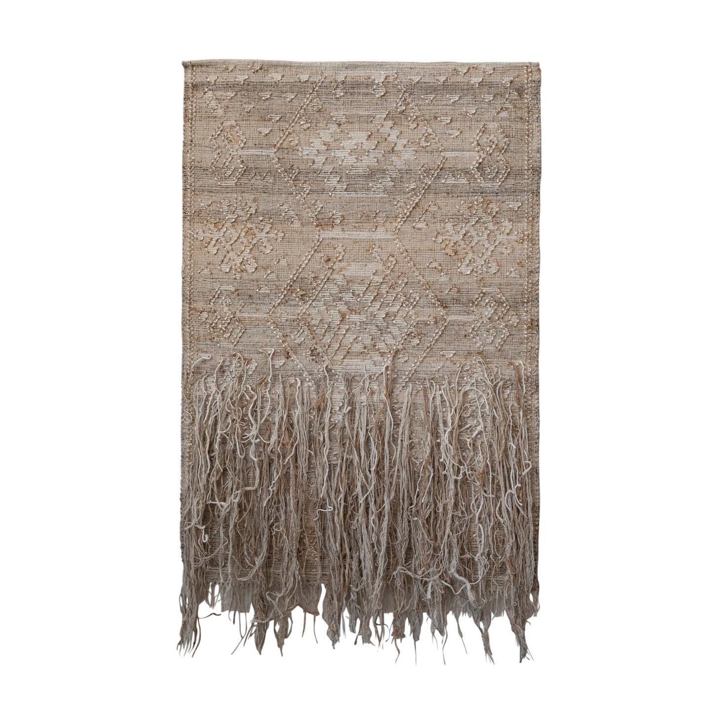 Hand-Woven Jute Wall Hanging w/ Wood Hanger, Design & Fringe, Natural Color