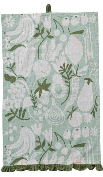 Cotton Printed Tea Towel w/ Fruit/Vegetables, Ruffle & Loop