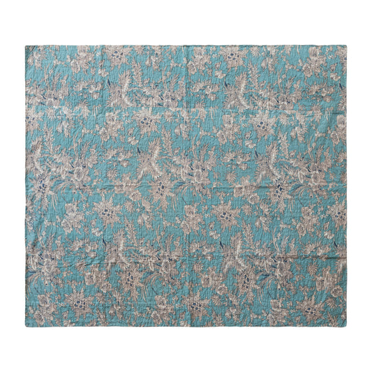 60"L x 50"W Cotton Voile Throw with Florals & Hand-Embroidered Kantha Stitch