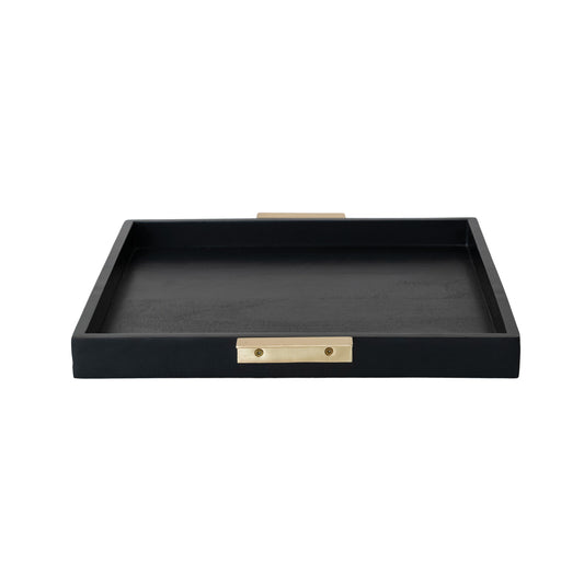 Mango Wood Tray with Metal Handles, Black & Gold Finish