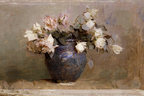 Blue Vase with Bouquet of White Roses Painting