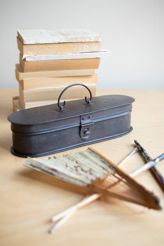 Hand-Etched Oval Iron Box with Hinged Lid