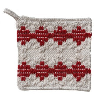 Woven Cotton Tufted Pot Holder with Diamond Pattern & Terry Cloth Back