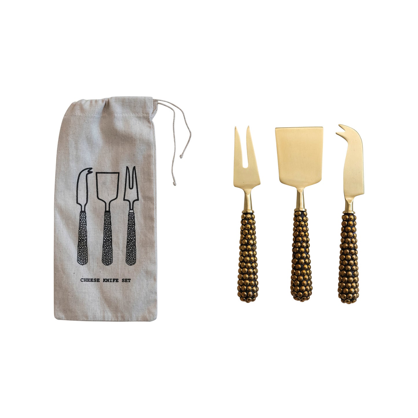 Stainless Steel Cheese Knives w/ Beaded Handle, Set of 3 in Printed Drawstring Bag