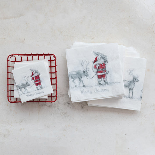 Paper Cocktail Napkins with Santa Leading Reindeer Image (50 Pieces)