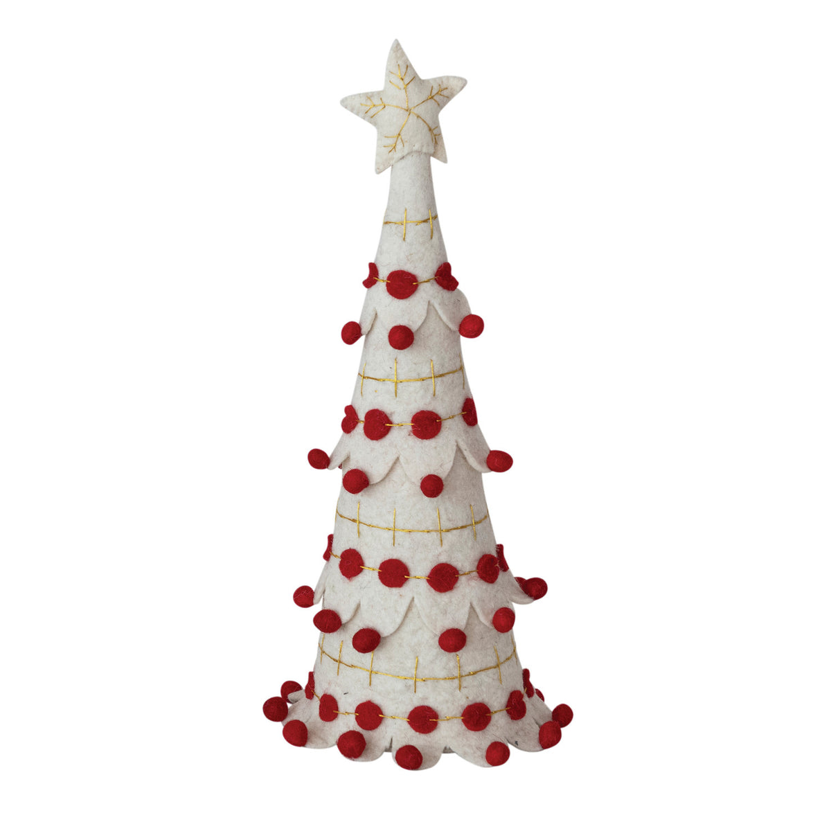 Handmade Wool Felt Tree with Star, Pom Poms & Metallic Gold Thread Embroidery & Red