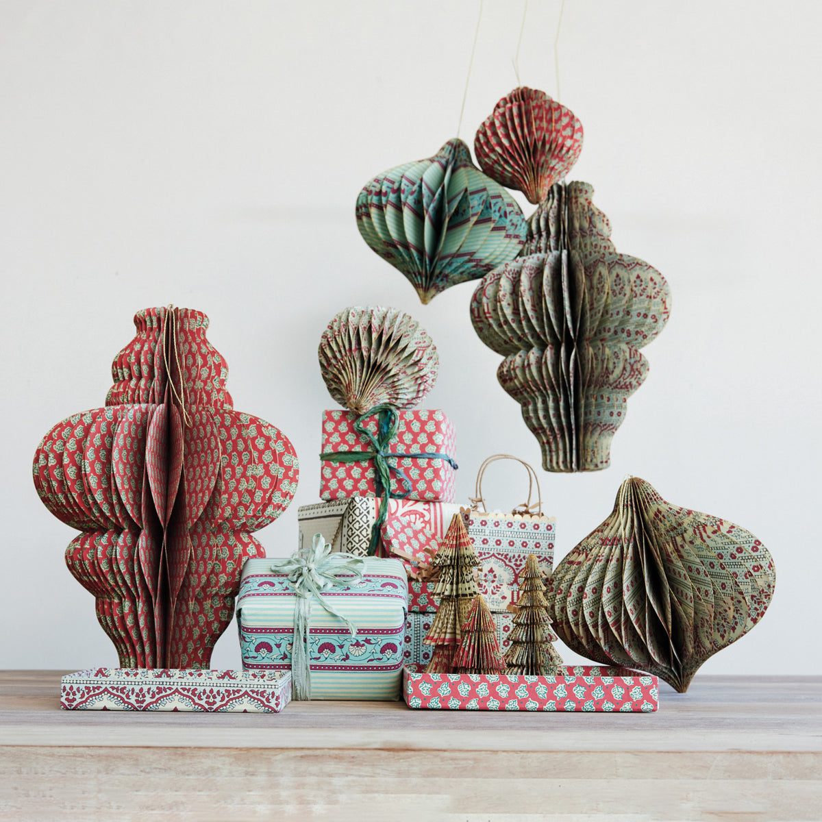 Handmade Recycled Block Printed Paper Folding Honeycomb Finial Ornament