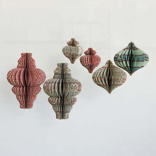 Handmade Recycled Block Printed Paper Folding Honeycomb Finial Ornament