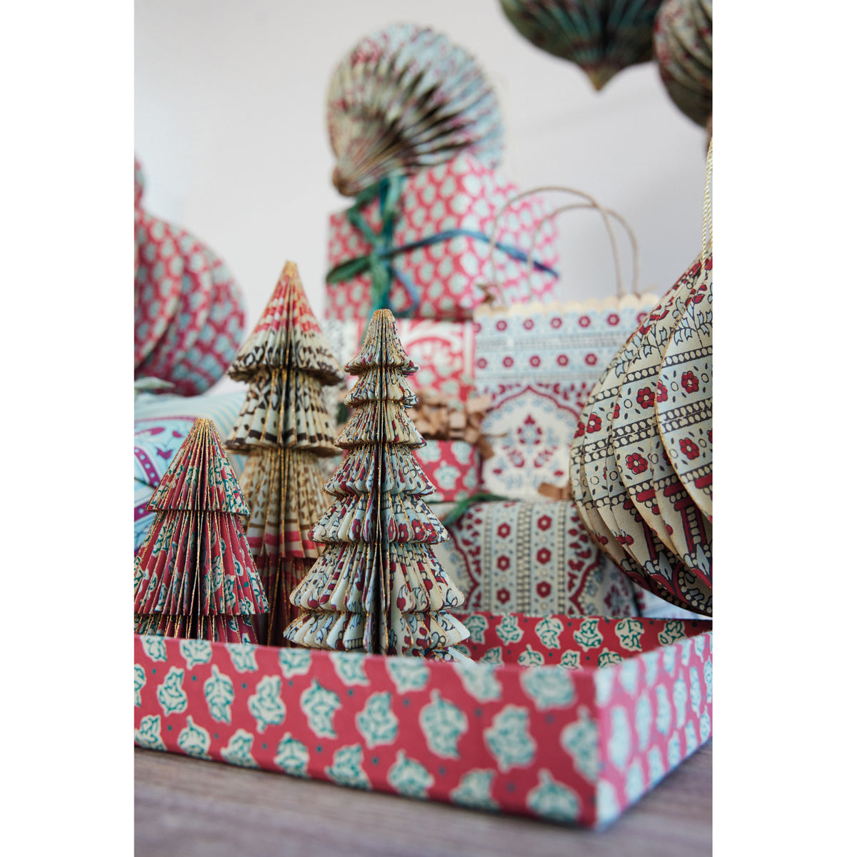 Handmade Recycled Block Printed Paper Folding Honeycomb Tree with Vintage Pattern