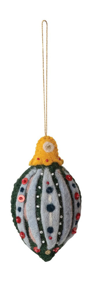 Handmade Wool Felt Finial Ornament with Embroidery, Sequins & Beads