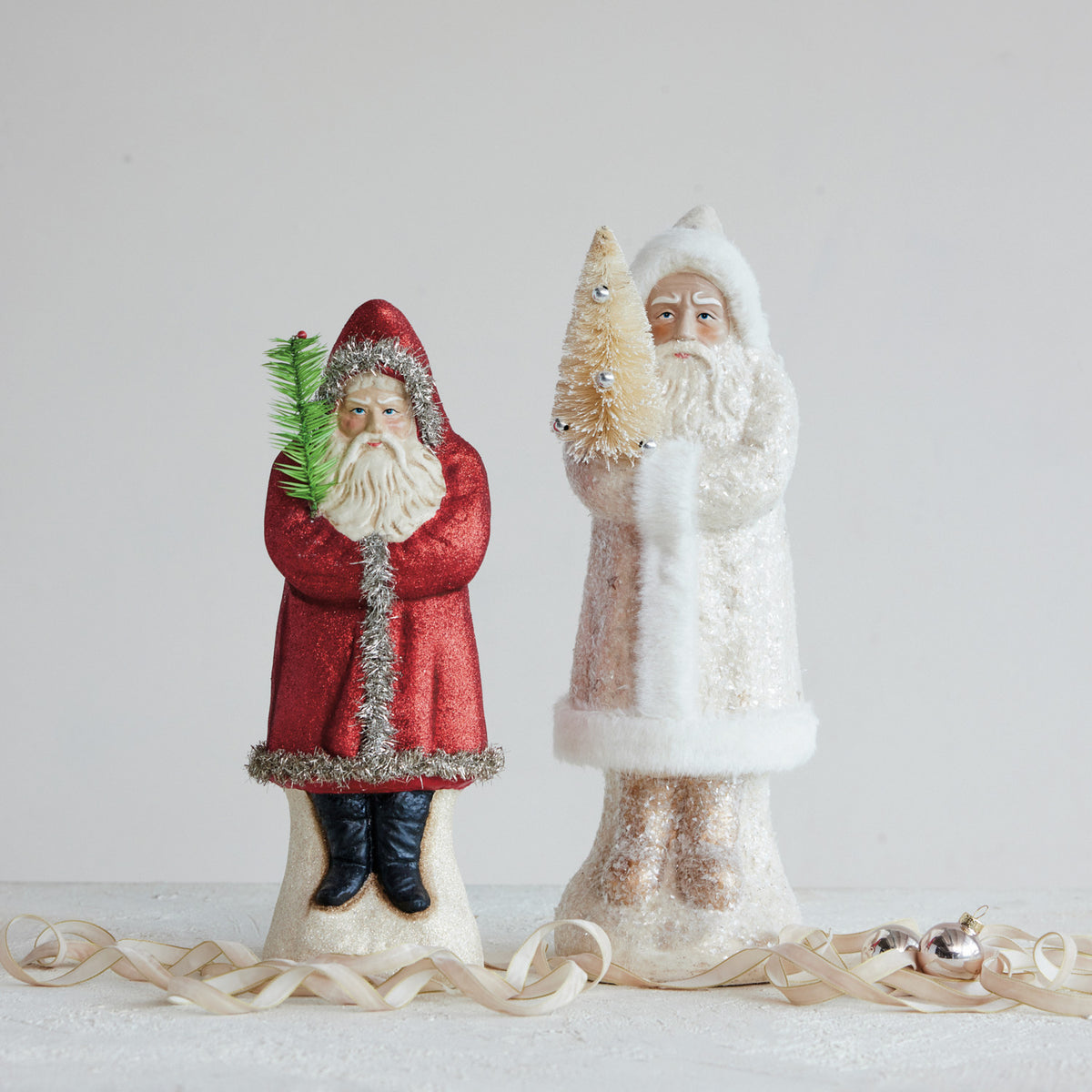 Paper Mache Vintage Reproduction Belsnickel with Bottle Brush Tree & Mica Flakes