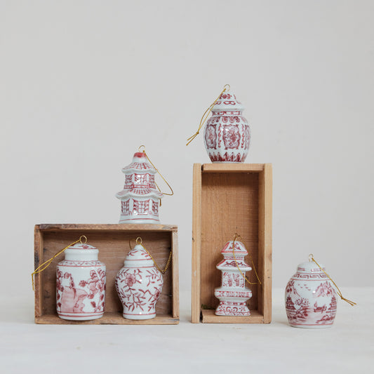 Stoneware Ginger Jar Ornament, Burgundy & White