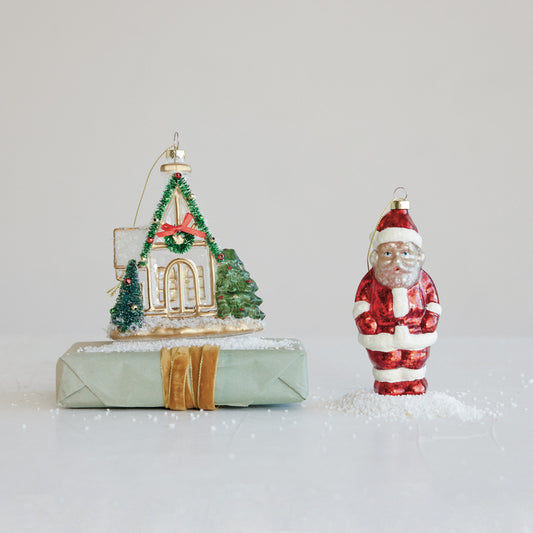 Hand-Painted Glass Chapel Ornament with Bottle Brush Tree, Tinsel Wreath & Glitter