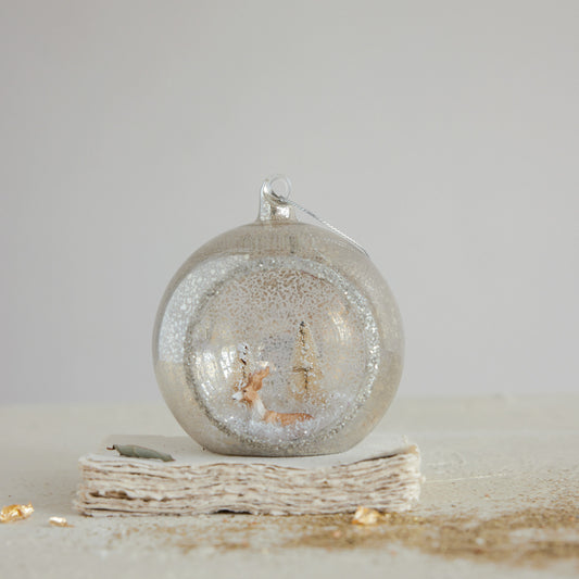 Mercury Glass Diorama Ornament with Deer, Bottle Brush Trees & Glitter, Beige & White