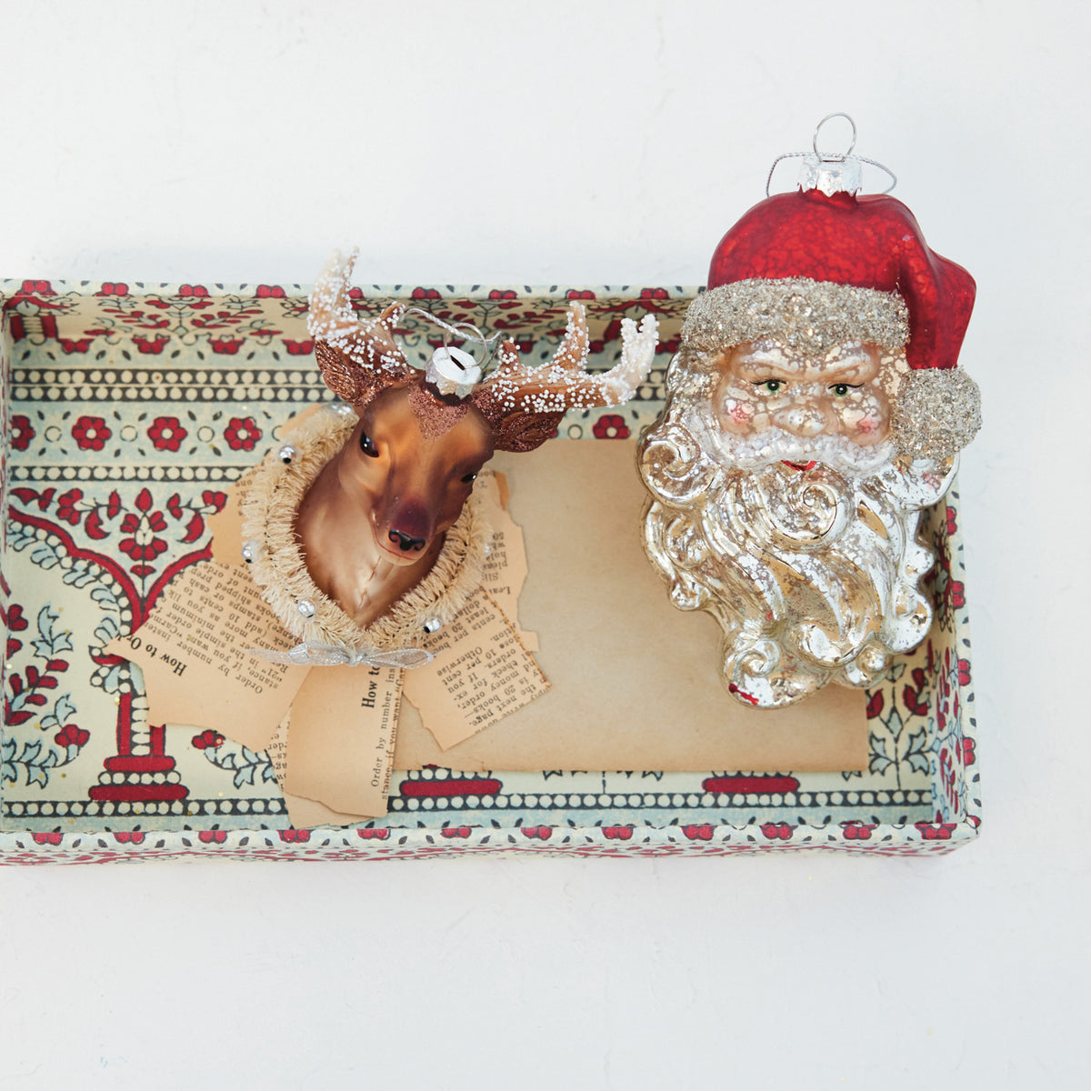 Hand-Painted Glass Deer Head Ornament with Wreath, Beads, Glitter & Bow