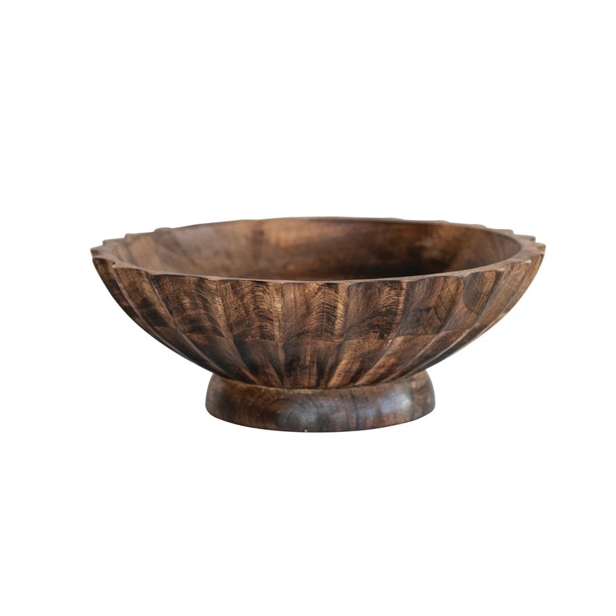9-1/2" Round x 3-1/2"H Hand-Carved Mango Wood Footed Bowl w/ Scalloped Edge, Burnt Finish