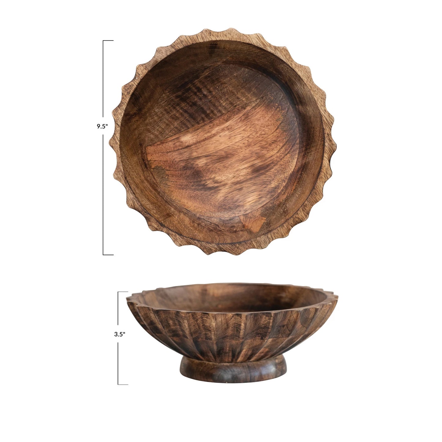 9-1/2" Round x 3-1/2"H Hand-Carved Mango Wood Footed Bowl w/ Scalloped Edge, Burnt Finish