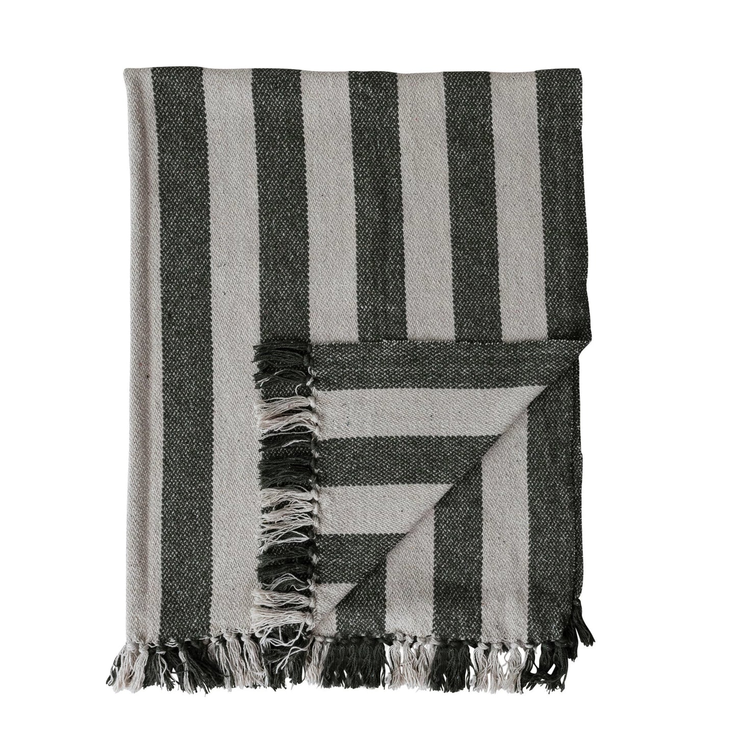 Woven Recycled Cotton Striped Throw with Fringe, Natural & Green