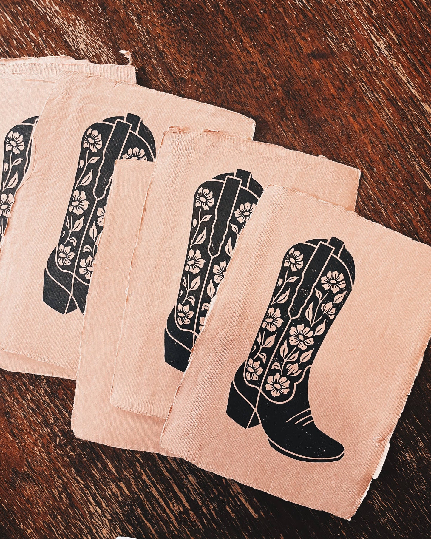 Western Floral Cowboy Boot Block Print on Handmade Paper