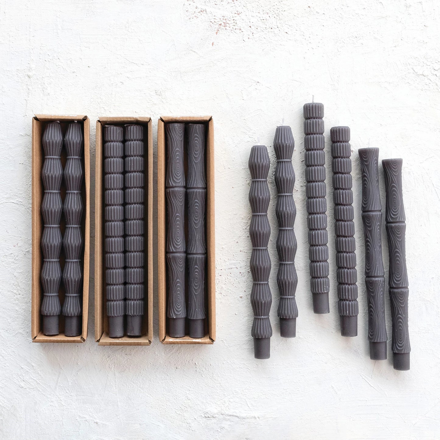 Unscented Sculpted Taper Candles, Charcoal Color, 3 Styles, Set of 2
