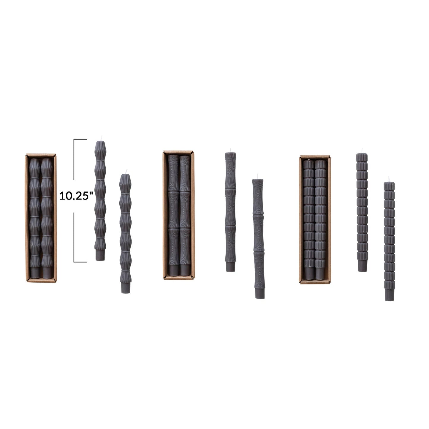 Unscented Sculpted Taper Candles, Charcoal Color, 3 Styles, Set of 2