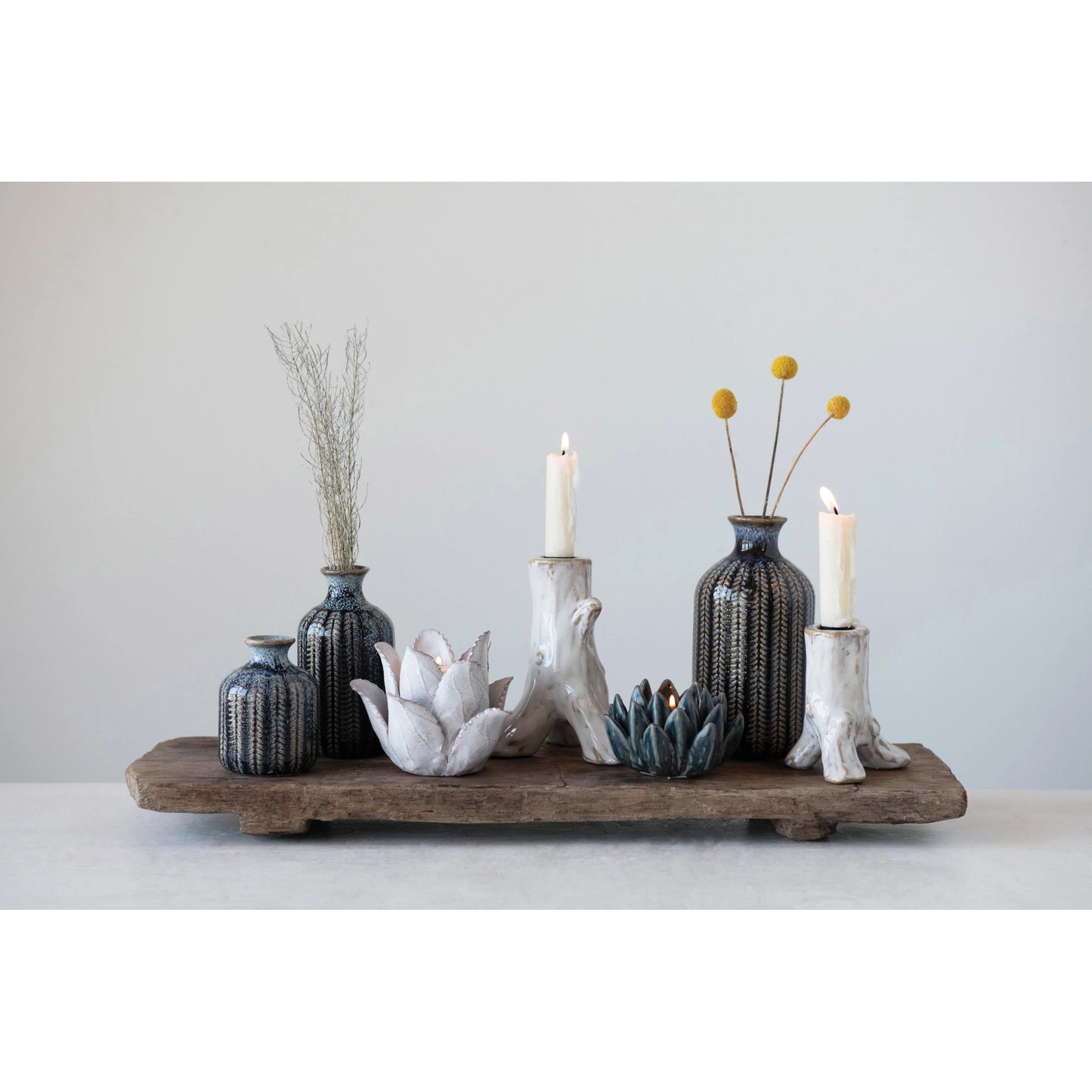 Embossed Stoneware Vases with Glaze, Blue