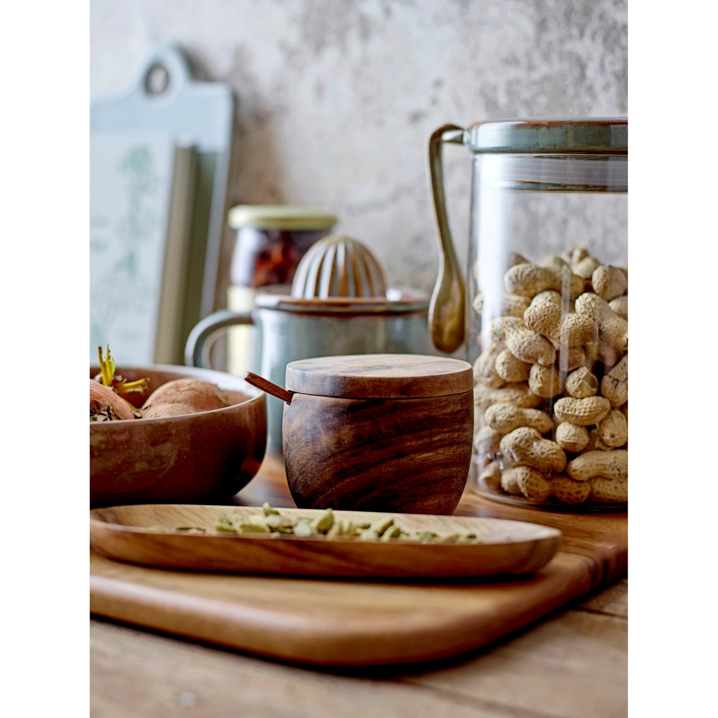 Acacia Wood Covered Jar with Spoon