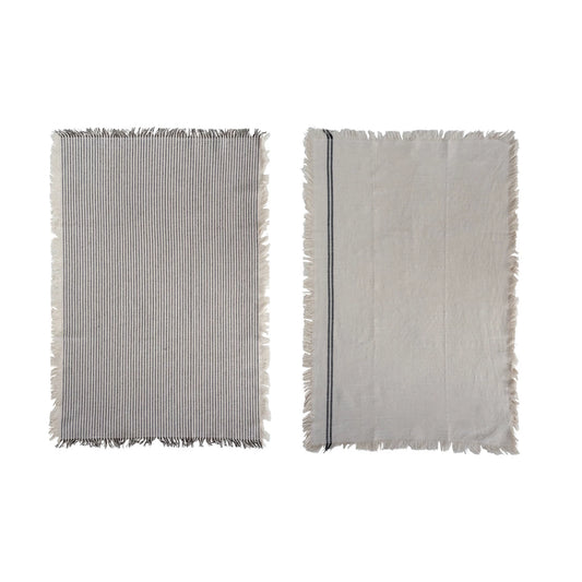 28"L x 18"W Woven Cotton Tea Towels w/ Stripes & Fringe, Set of 2