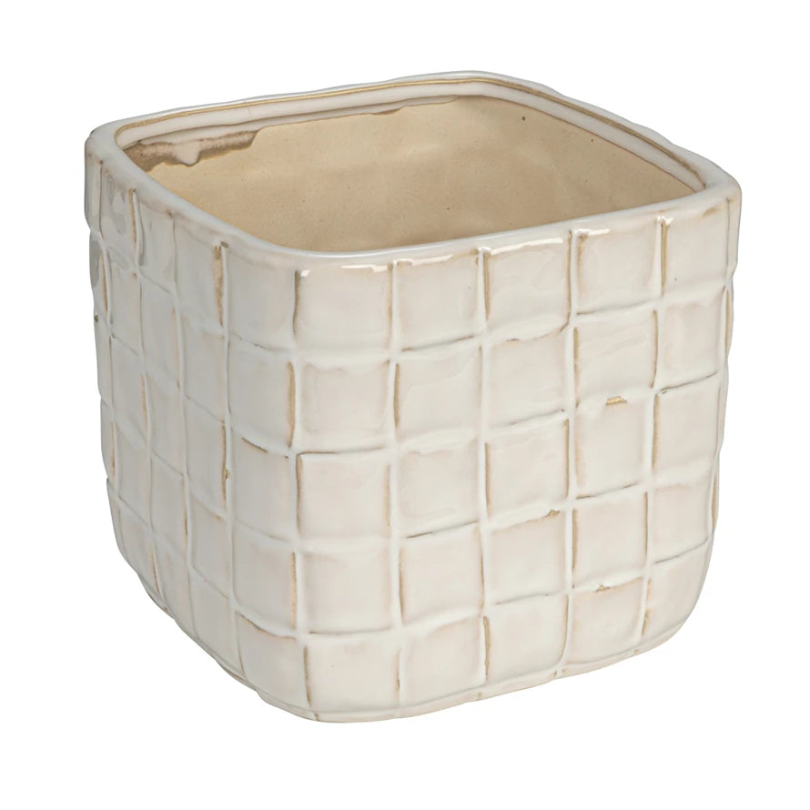white woven planter Stoneware Planter with Woven Pattern