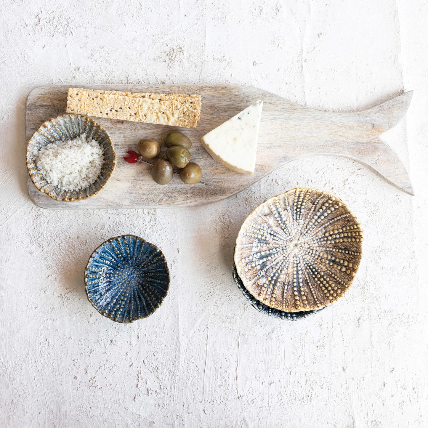 Embossed Stoneware Footed Dish, 2 Colors (Each One Will Vary)