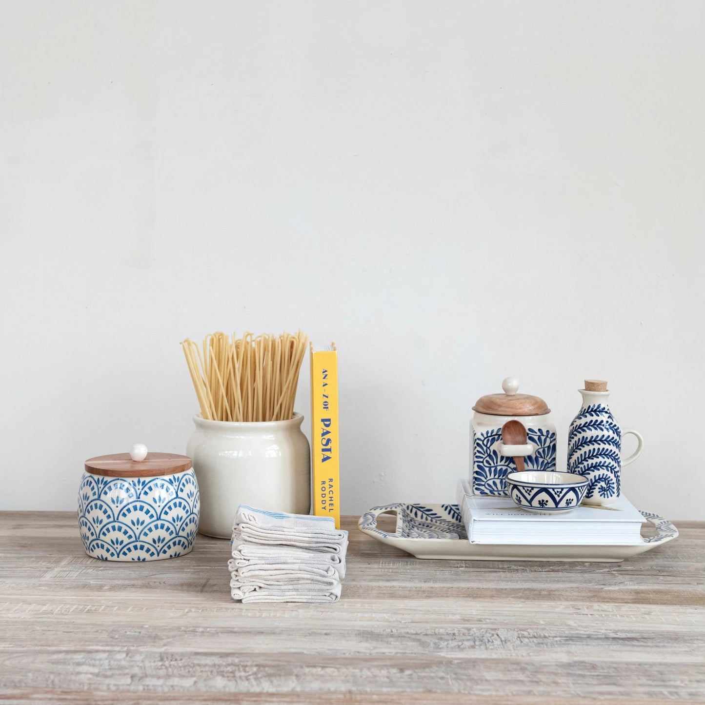 Hand-Painted Stoneware Bowl with Pattern, Cream Color & Blue