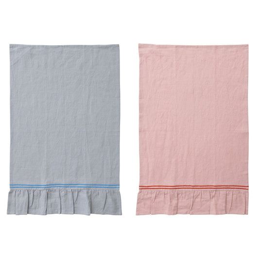 Cotton & Linen Tea Towel w/ Embroidered Stripes & Ruffle, 2 Colors