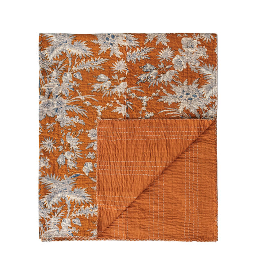 60"L x 50"W Cotton Voile Throw with Florals & Hand-Embroidered Kantha Stitch