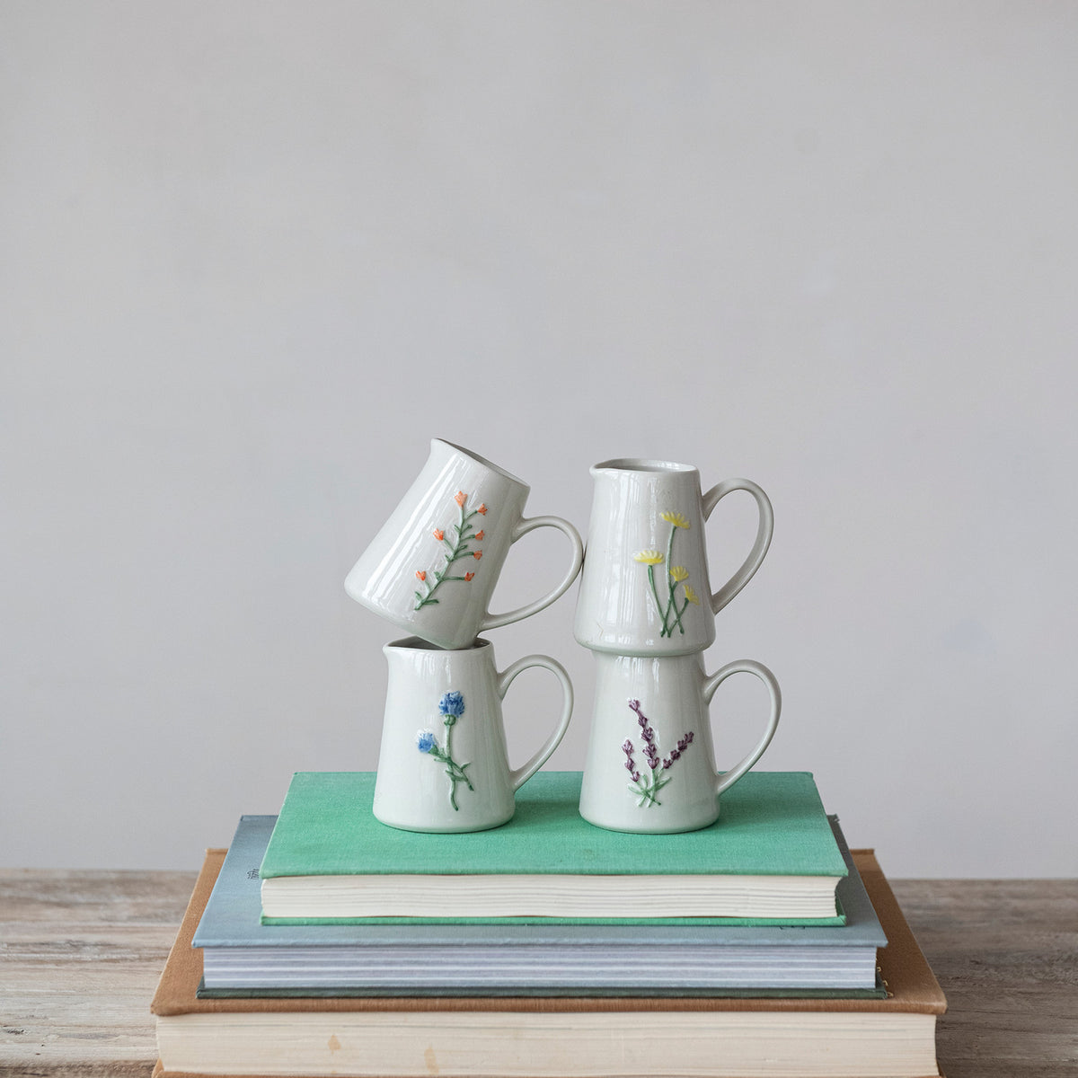 4 oz. Embossed Stoneware Creamer with Botanicals, 4 Styles (Each One Will Vary)