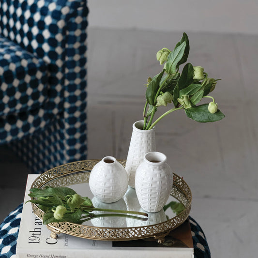 Embossed Stoneware Basket Weave Vases, Cream Color